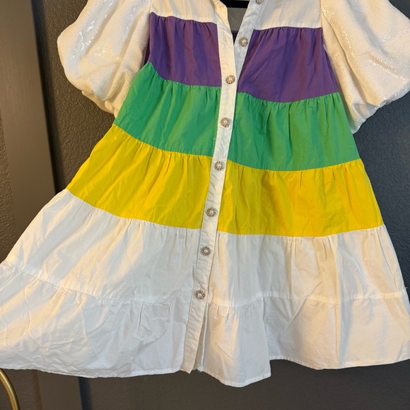 QUEEN OF SPARKLES • Mardi Gras Colorful Tiered Puff Sleeve mini dress - XS - Picture 8 of 10